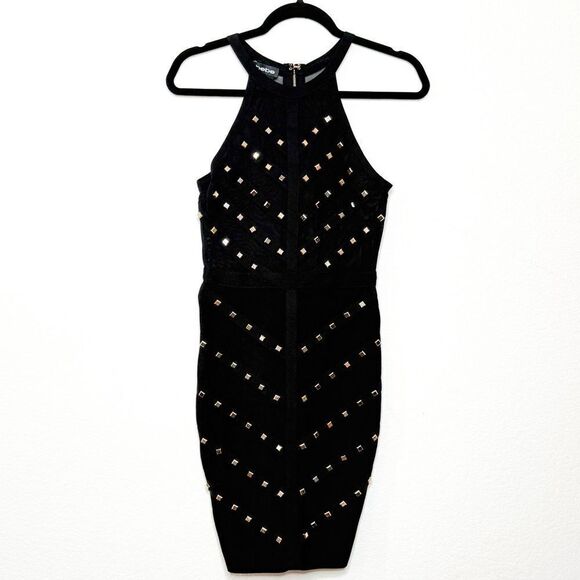 Bebe Women's Black Studded Sheer Halter Bodycon Dress Size XS - Picture 1 of 8